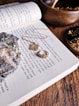 a close up of a book with a pair of earrings on it
