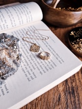 a close up of a book with a pair of earrings on it
