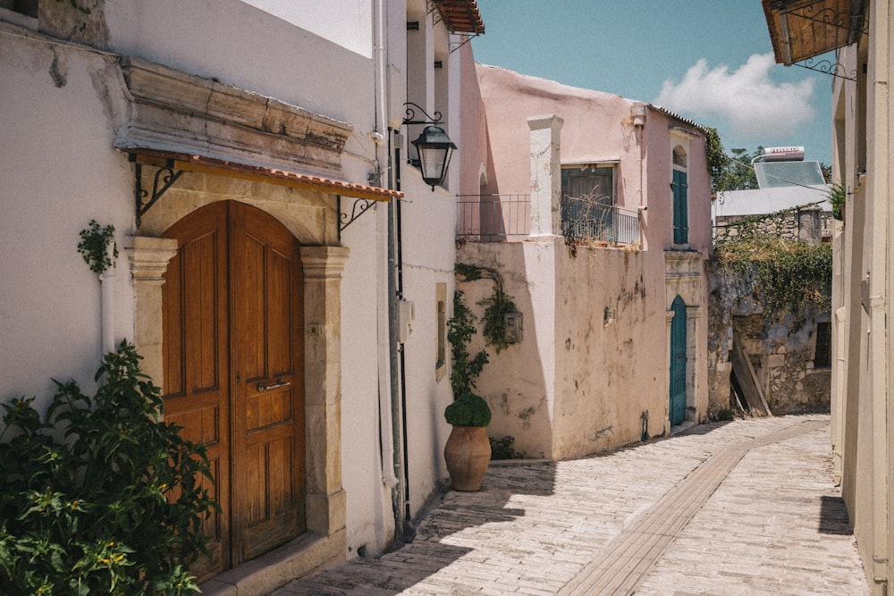 a narrow alleyway with a wooden door and a potted plant