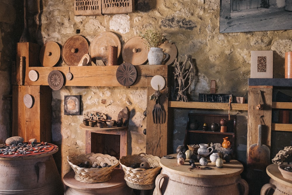 a room filled with lots of pots and baskets