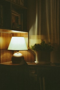 A cozy indoor scene with a plantometer glowing softly next to a blooming flower.