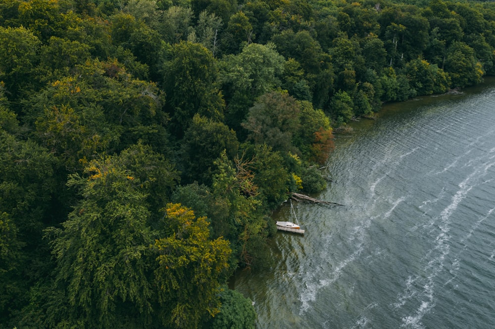 an aerial view of a boat on a lake surrounded by trees