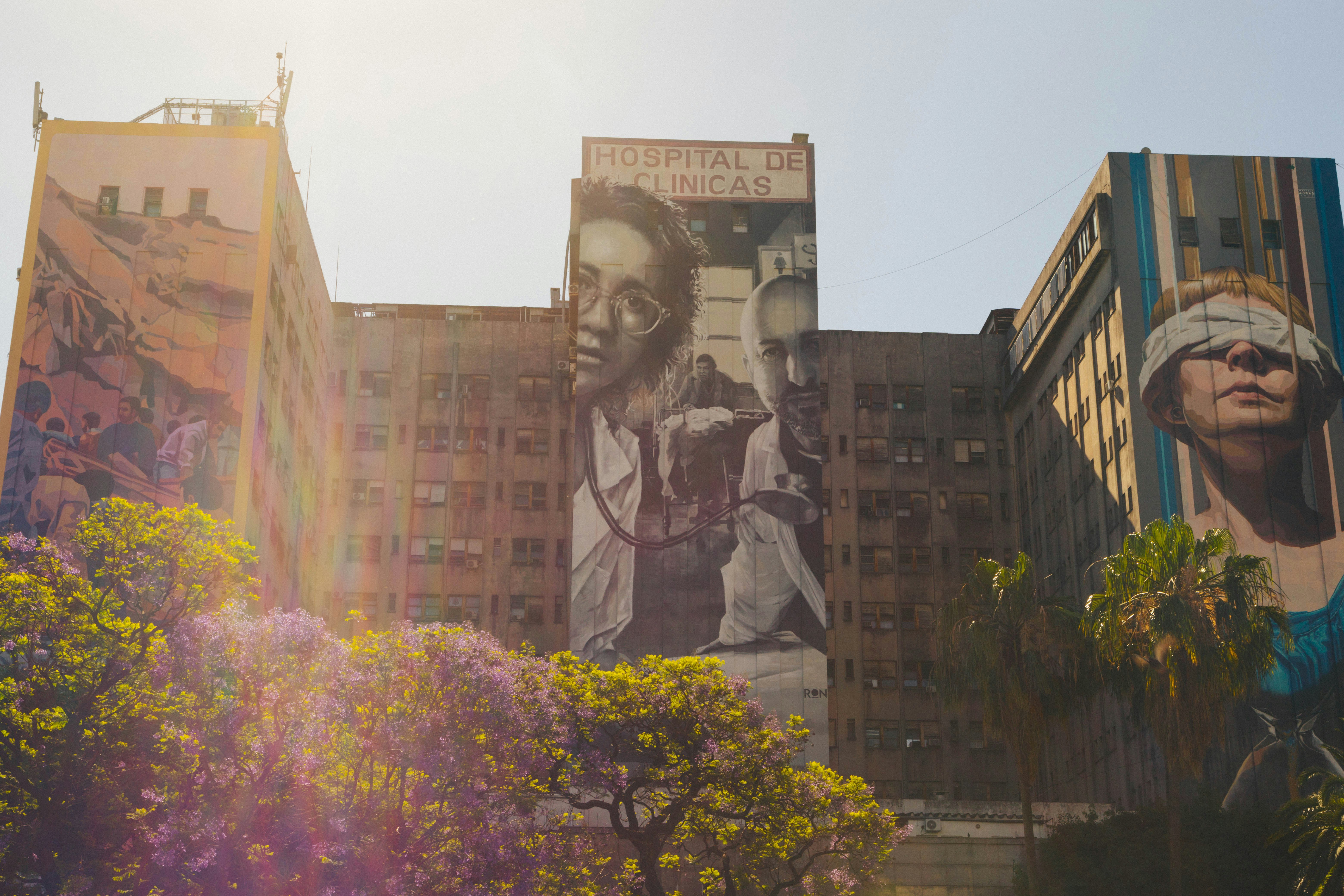 a large building with a mural on the side of it