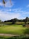 A lush green golf course featuring a putting green with a flagstick in the center. In the background, there is a landscape of rolling hills adorned with palm trees and other vegetation. The sky above is bright blue with a few scattered clouds.