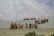 A group of people riding camels is traveling across a sandy landscape with a mountainous backdrop. The riders are dressed in a variety of clothing, and the scene suggests a leisurely or touristic activity.