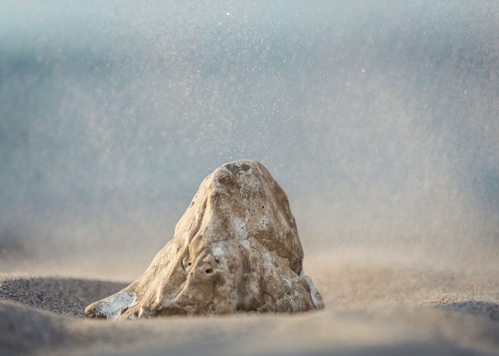 a rock sitting on top of a sandy beach