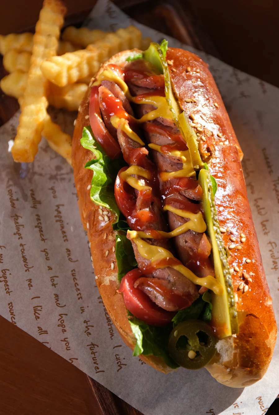 Loaded hot dog with mustard and ketchup served with a side of fries