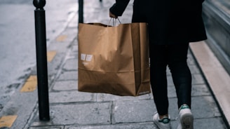 a person walking down a sidewalk with a brown bag