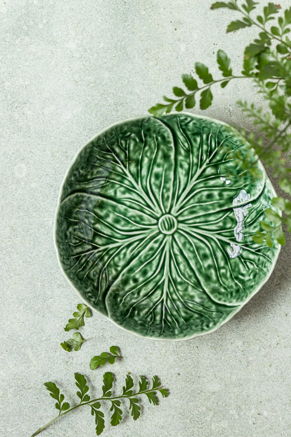 a green bowl sitting on top of a table next to a plant