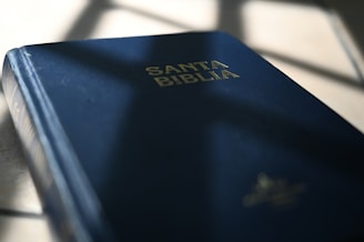 A close-up of a book with the title 'Santa Biblia' in gold letters. The book has a dark blue cover and is placed on a light-colored surface. Shadows form a grid pattern across the surface, suggesting the presence of a window nearby.