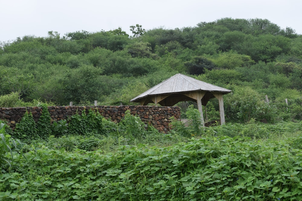 a gazebo in the middle of a lush green field