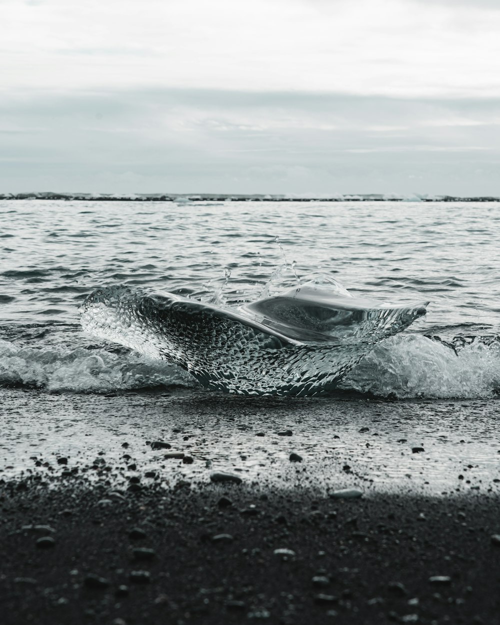 Una foto in bianco e nero di un'onda sulla spiaggia