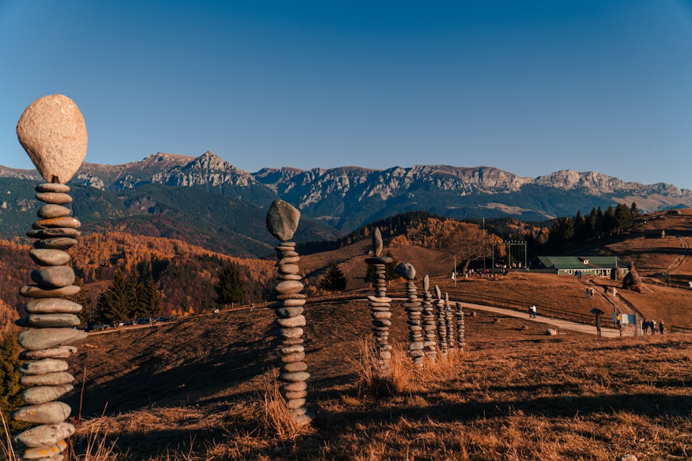 Un mucchio di rocce seduto sulla cima di una collina coperta di erba