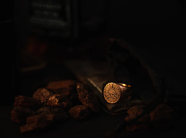 Close-up of a delicate obsidian ring resting on textured volcanic rock under warm natural light.