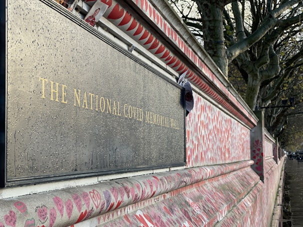 A memorial wall stretches into the distance, covered with numerous red hearts. A dark plaque with gold lettering reads, 'The National Covid Memorial Wall.' The wall is adorned with messages and pictures, and there are trees lining the path alongside it.