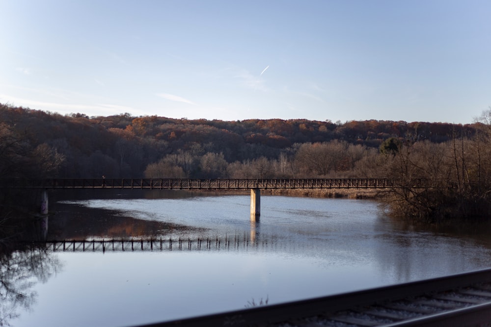 a bridge over a body of water with trees in the background