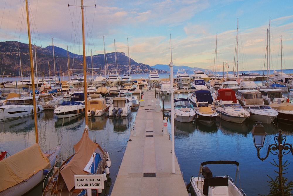 a marina filled with lots of boats under a cloudy sky