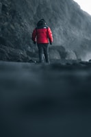 a person in a red jacket standing on a rocky beach