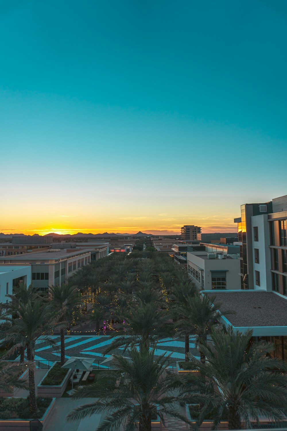 the sun is setting over a city with palm trees