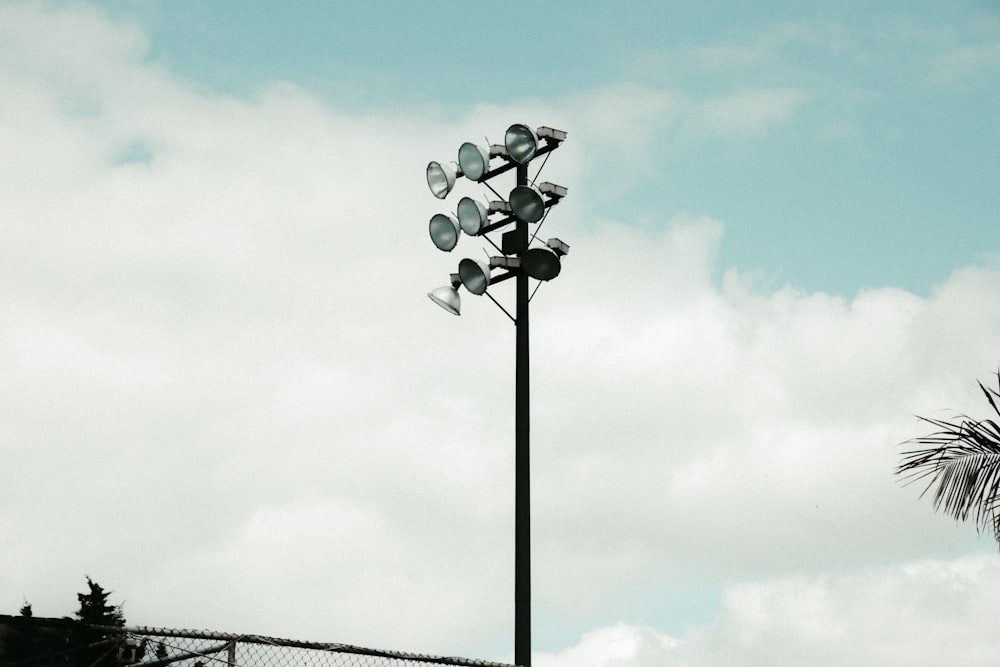 a street light sitting next to a palm tree