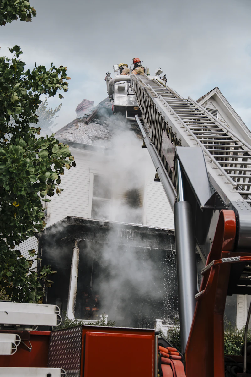 Emergency response vehicle at a fire damage incident