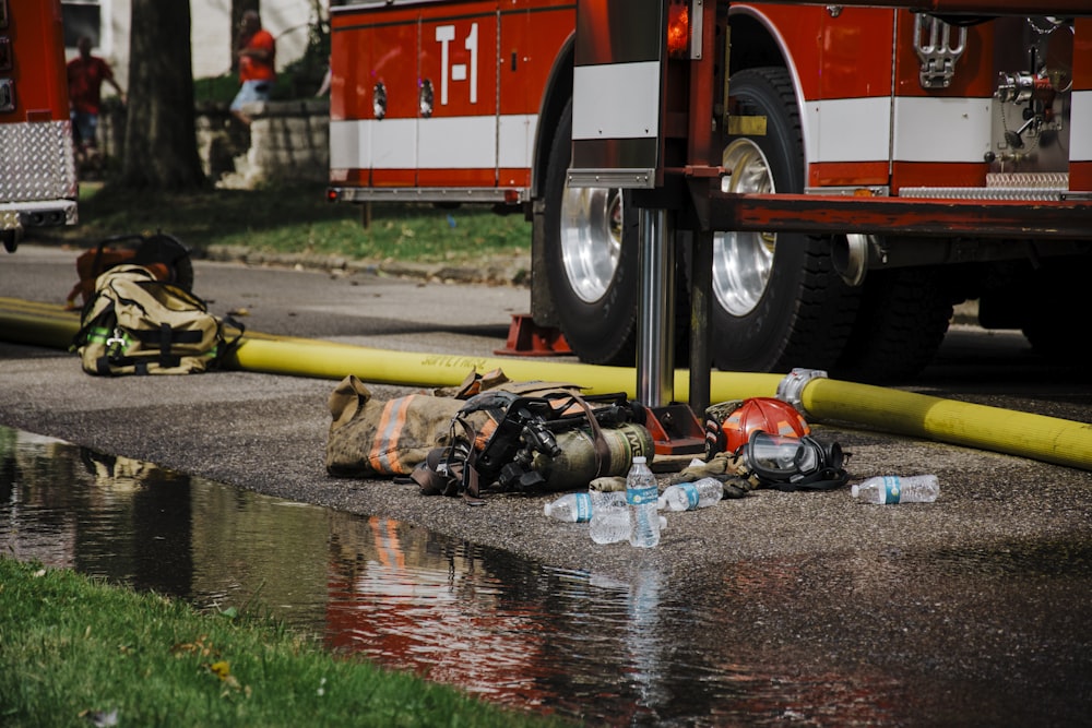 a fire truck parked next to a fire hydrant