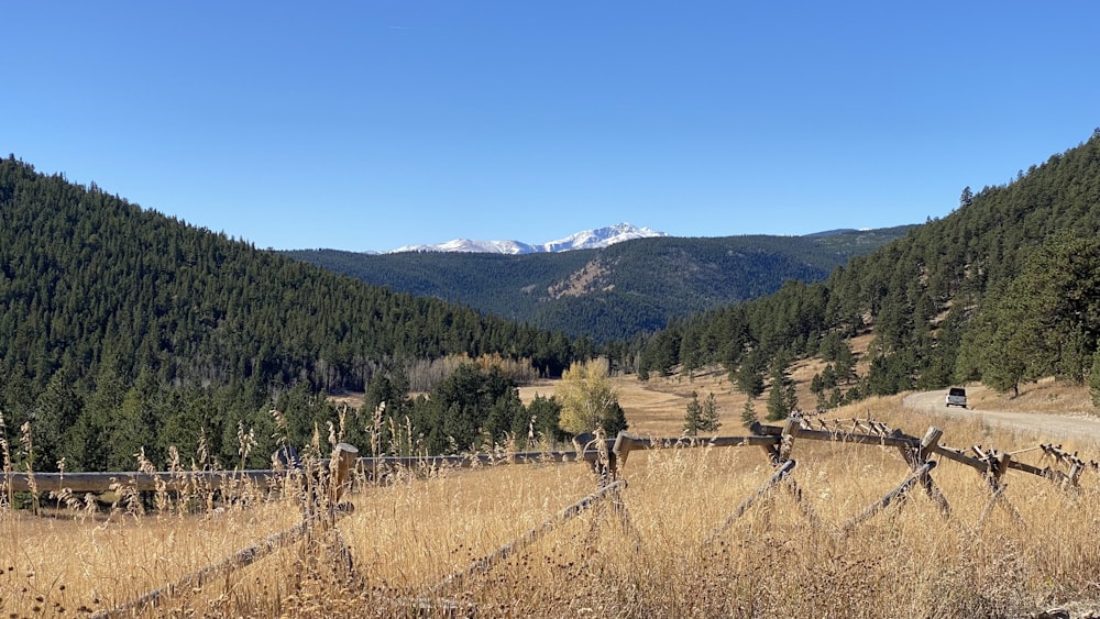 a fence in a field with mountains in the background