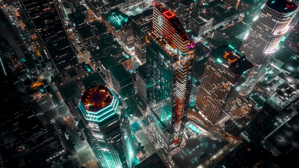 an aerial view of a city at night