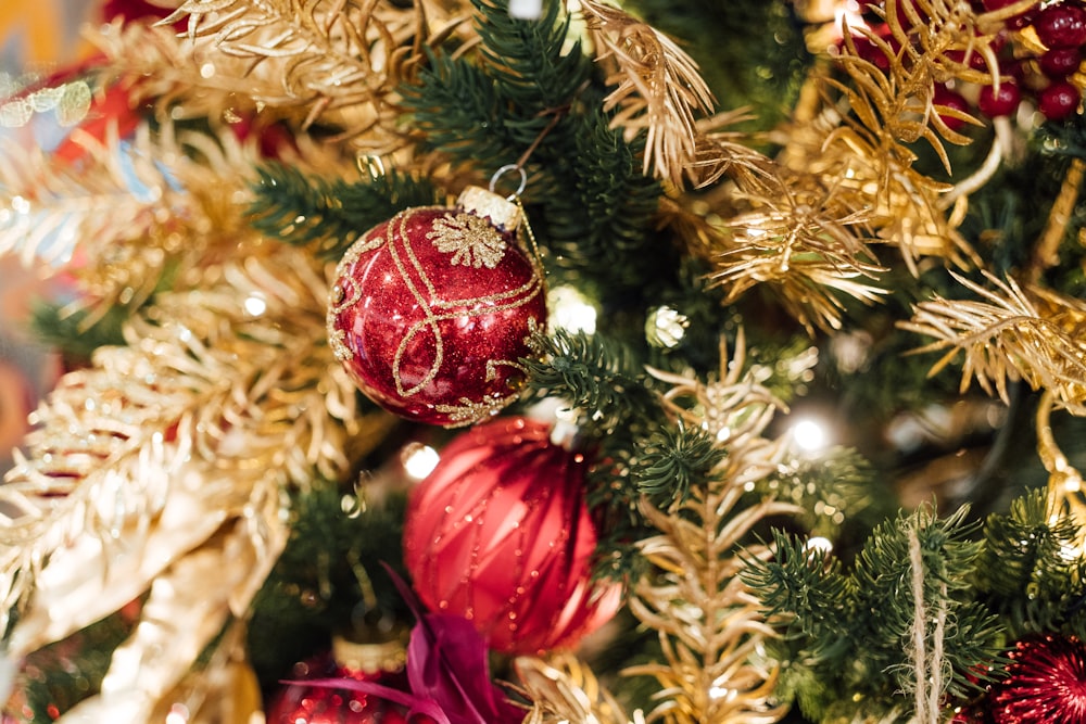 a close up of a christmas tree with ornaments