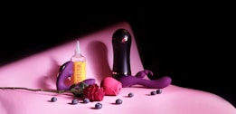 A collection of items is elegantly arranged on a soft pink surface. There is a bottle of lubricant labeled 'WET' alongside two vibrators, with blueberries scattered around them. A red rose lies across the scene, adding a romantic touch.