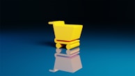 A small, bright yellow shopping cart sits on a reflective blue surface, creating a mirror effect. The background is a gradient from deep black at the top to a lighter blue at the bottom.