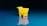 A small, bright yellow shopping cart sits on a reflective blue surface, creating a mirror effect. The background is a gradient from deep black at the top to a lighter blue at the bottom.