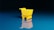 A small, bright yellow shopping cart sits on a reflective blue surface, creating a mirror effect. The background is a gradient from deep black at the top to a lighter blue at the bottom.