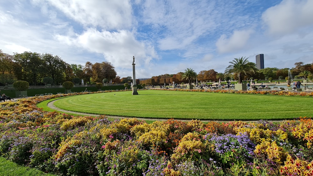 a large grassy field with a clock tower in the background