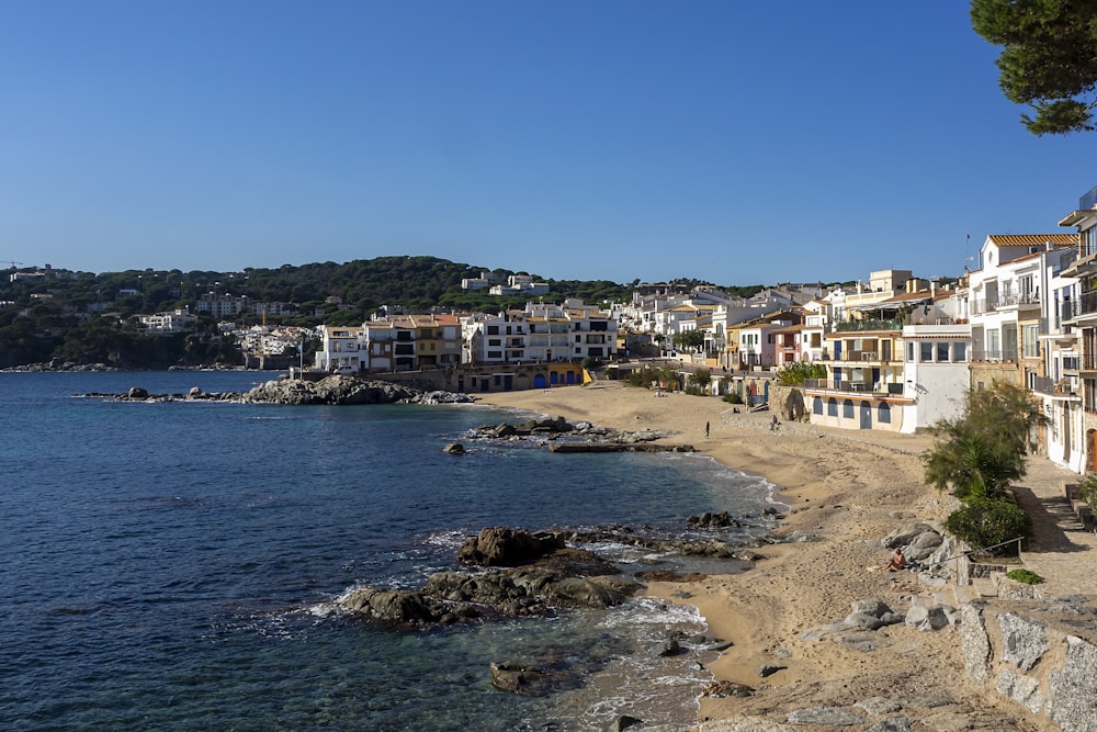 a beach with houses on the shore and a body of water