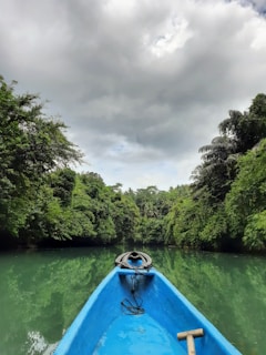 A small fishing boat gliding over calm river waters surrounded by lush greenery.