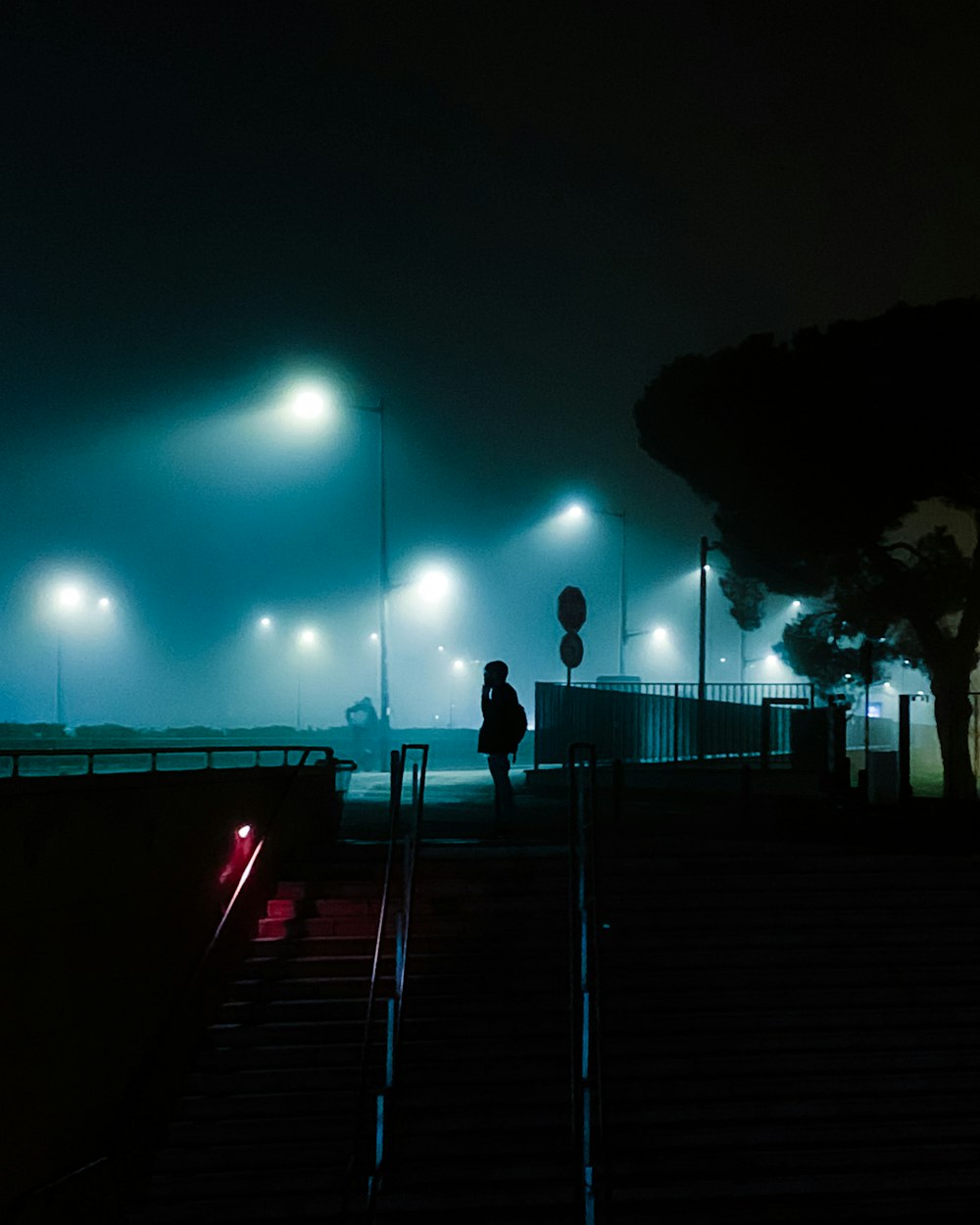 a person standing on a set of stairs at night