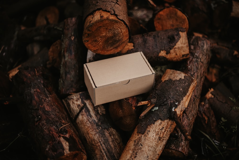 a box sitting on top of a pile of logs