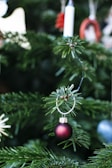 Close-up of a hand-painted red and green ornament made from recycled materials hanging on a pine branch.