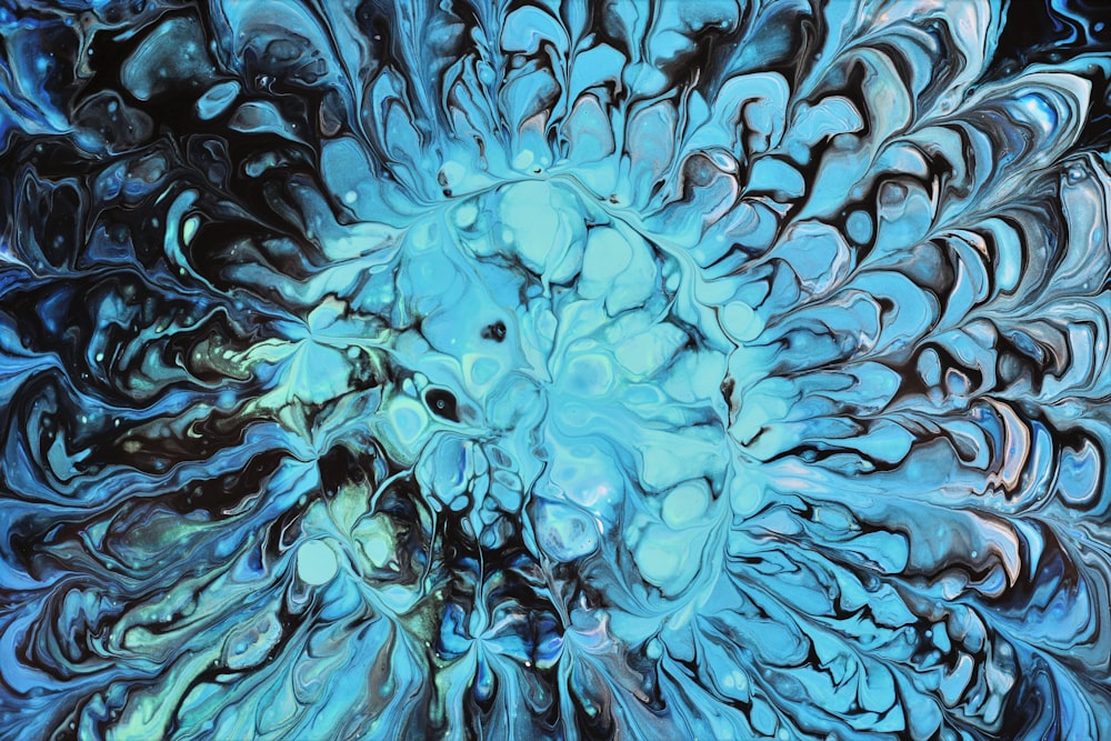 a close up of a blue and black flower