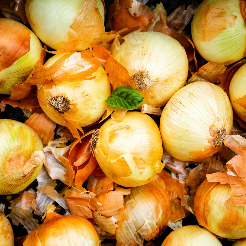 a pile of onions sitting on top of a pile of leaves