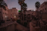 An ancient stone building is situated among palm trees in an urban setting. The architecture features a series of arches and old stonework, with a rustic, weathered appearance. There are street lamps and minimal vehicle presence suggesting a calm atmosphere at dusk. A warm, dim light from the windows adds to the serene ambiance, while neon signs in Hebrew add a touch of modernity to the historical surroundings.