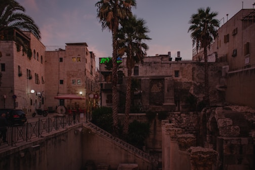 An ancient stone building is situated among palm trees in an urban setting. The architecture features a series of arches and old stonework, with a rustic, weathered appearance. There are street lamps and minimal vehicle presence suggesting a calm atmosphere at dusk. A warm, dim light from the windows adds to the serene ambiance, while neon signs in Hebrew add a touch of modernity to the historical surroundings.