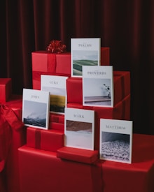 A collection of books with different names are displayed on red wrapped gifts. The books have minimalist covers with nature-themed photographs. The background features a dark red curtain.