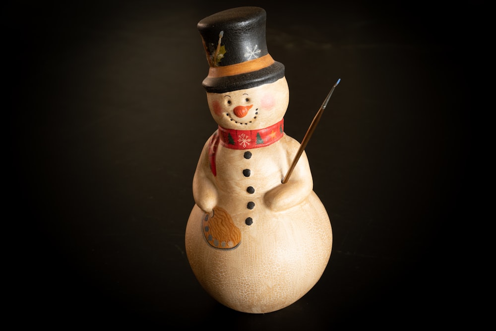 Ein keramischer Schneemann mit Zylinder und Stock