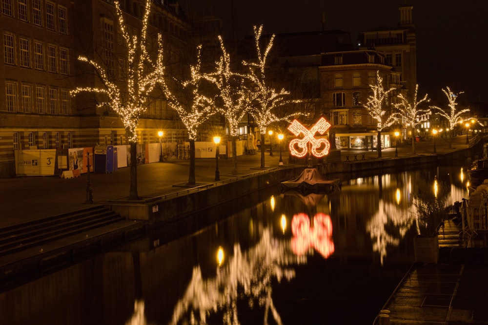 a river that has some lights on it