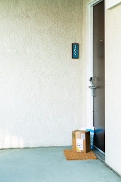 A cardboard package is placed on a small doormat outside the entrance of an apartment with a beige stucco wall. The apartment door is dark brown with a digital lock, and the door number '209' is displayed on a sign next to it.