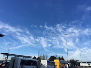 A fleet of buses parked at a well-organized depot under clear skies.