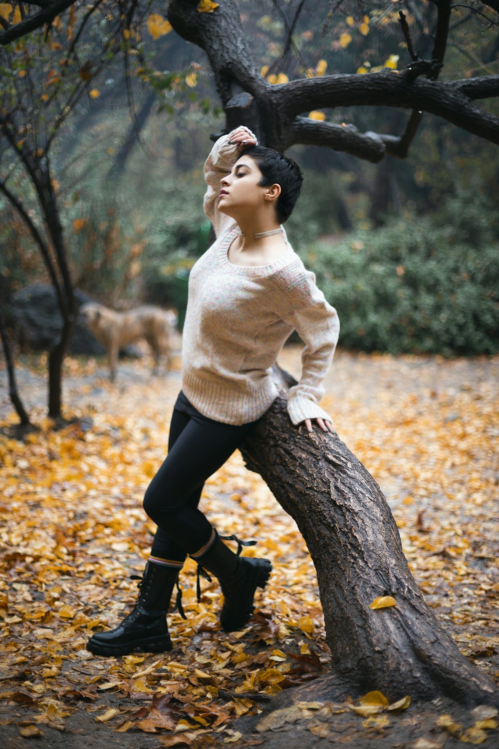 a woman leaning on a tree branch in a forest