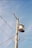 A utility pole with multiple electrical wires extending outward against a clear blue sky. At the top of the pole, there is a transformer and several insulators holding the wires in place.